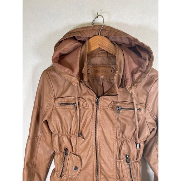 VTG Miss Posh Womens Size L Camel Vegan Faux Leather Zip Jacket Detachable Hood - Picture 6 of 13
